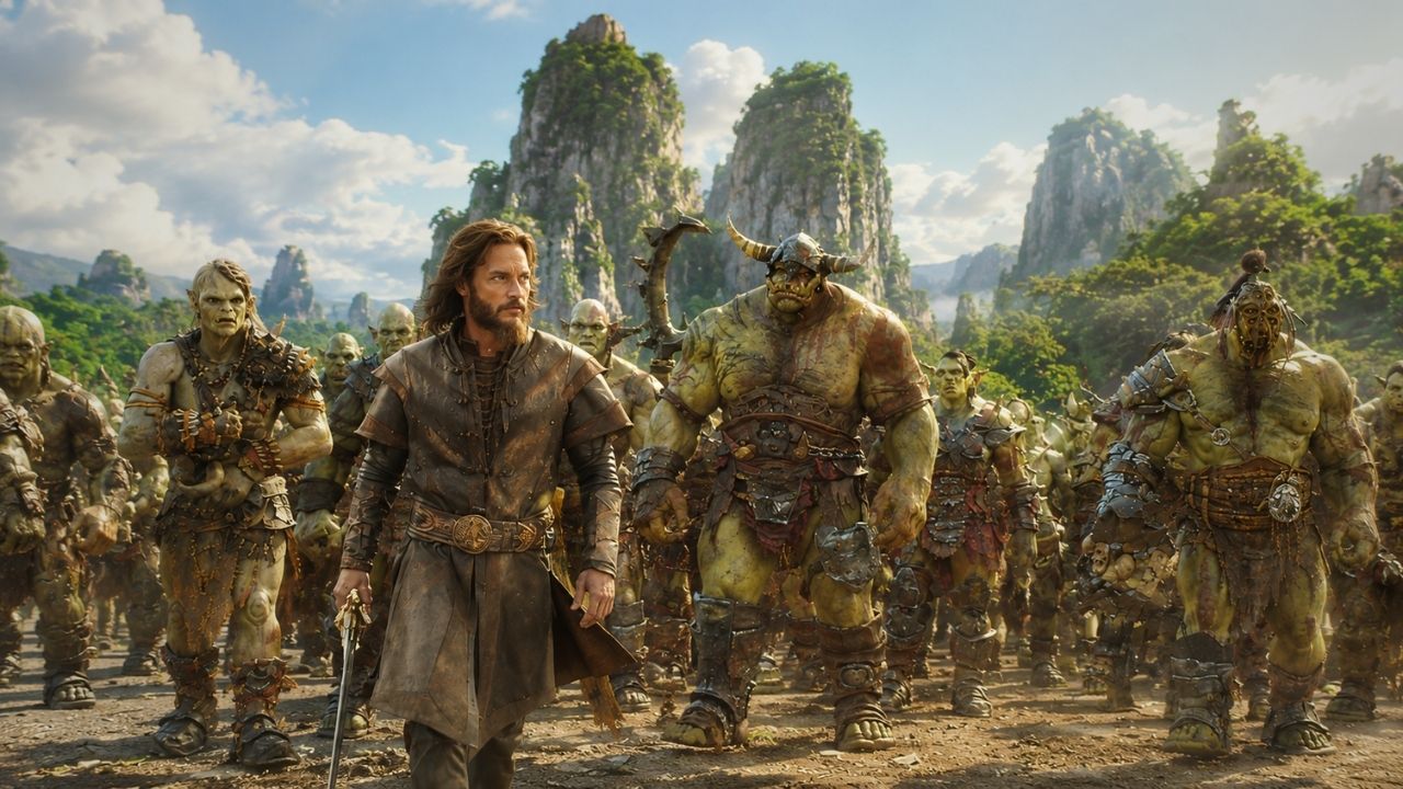 Una escena del campo de batalla en la película Warcraft.